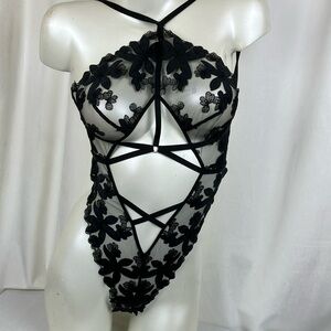 Victoria’s secret Black Lace Floral Bodysuit strappy thong
